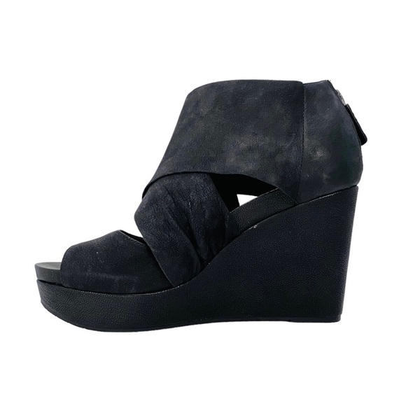 Eileen Fisher Draw Draped Black Nubuck Leather Wedge Heel Sandal Size 7.5 EUC - Picture 6 of 12